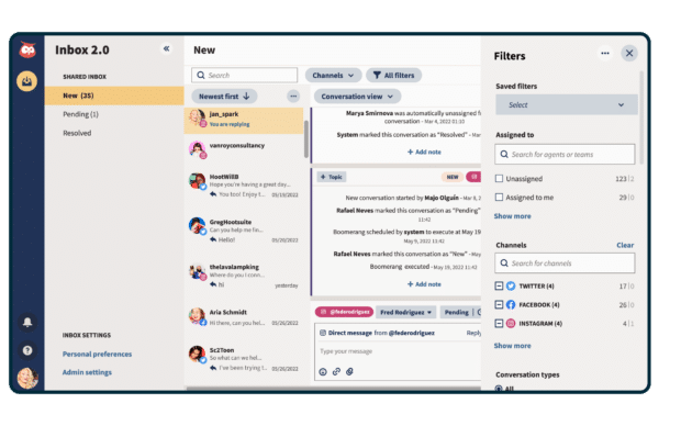 A view of the Hootsuite Inbox agent workspace featuring chats and filters.
