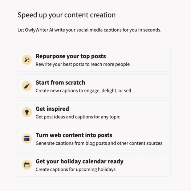 list of features in new hootsuite owlywriter ai tool