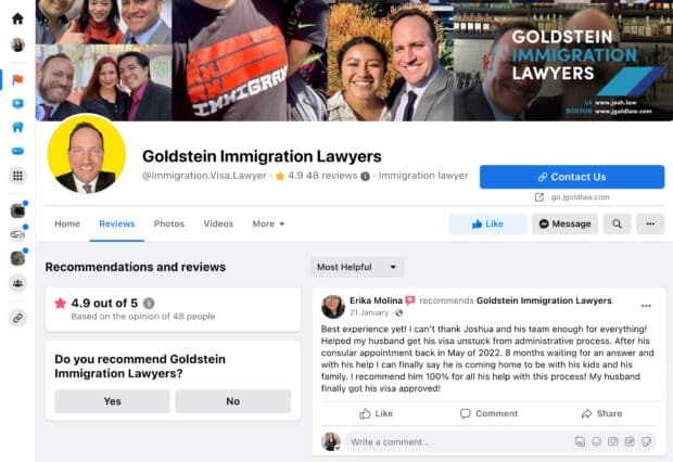Goldstein Immigration Lawyers Facebook page reviews