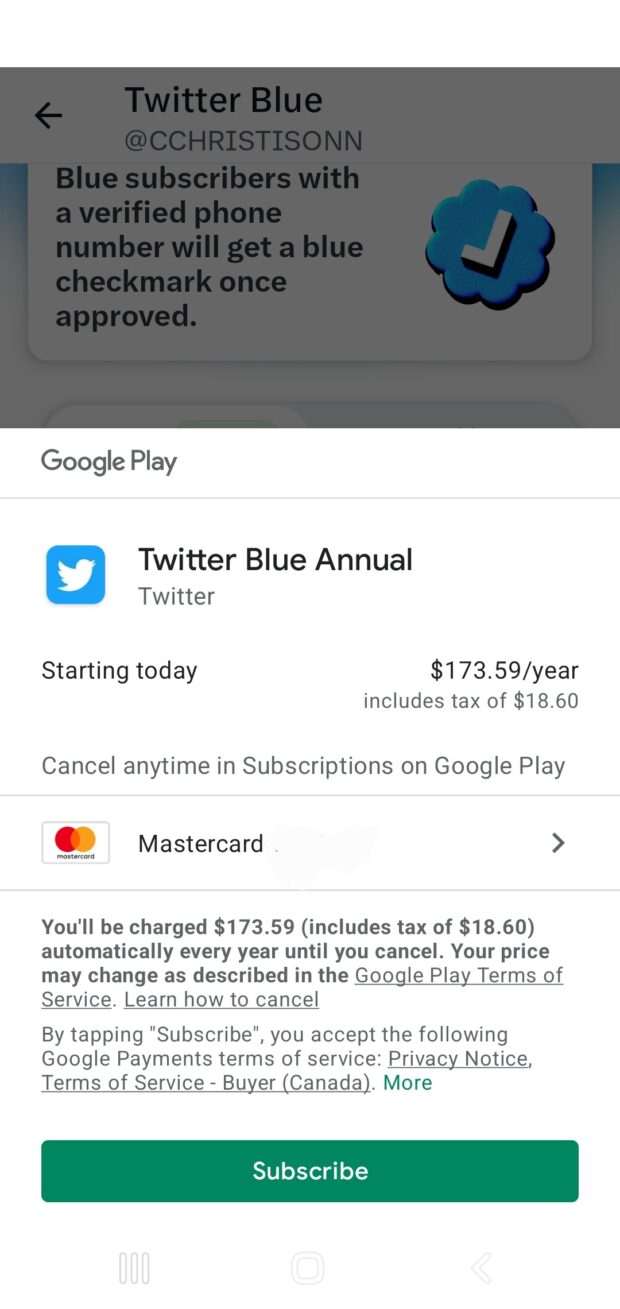 Twitter Blue Annual payment and credit card