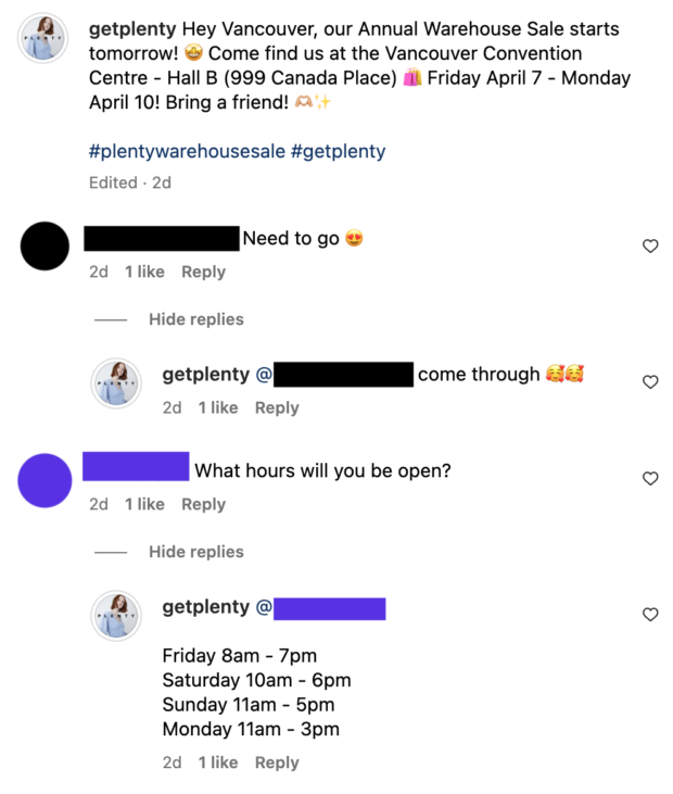 Aritizia annual warehouse sale reply to comments