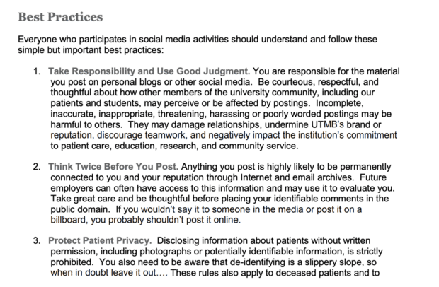 Healthcare social media policy example: The "Best Practices" section from the University of Texas Medical Branch