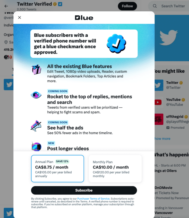 sign up for Twitter Blue using subscribe button
