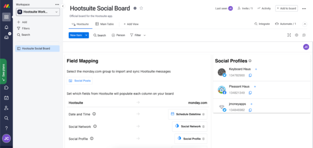 Monday.com Hootsuite social board