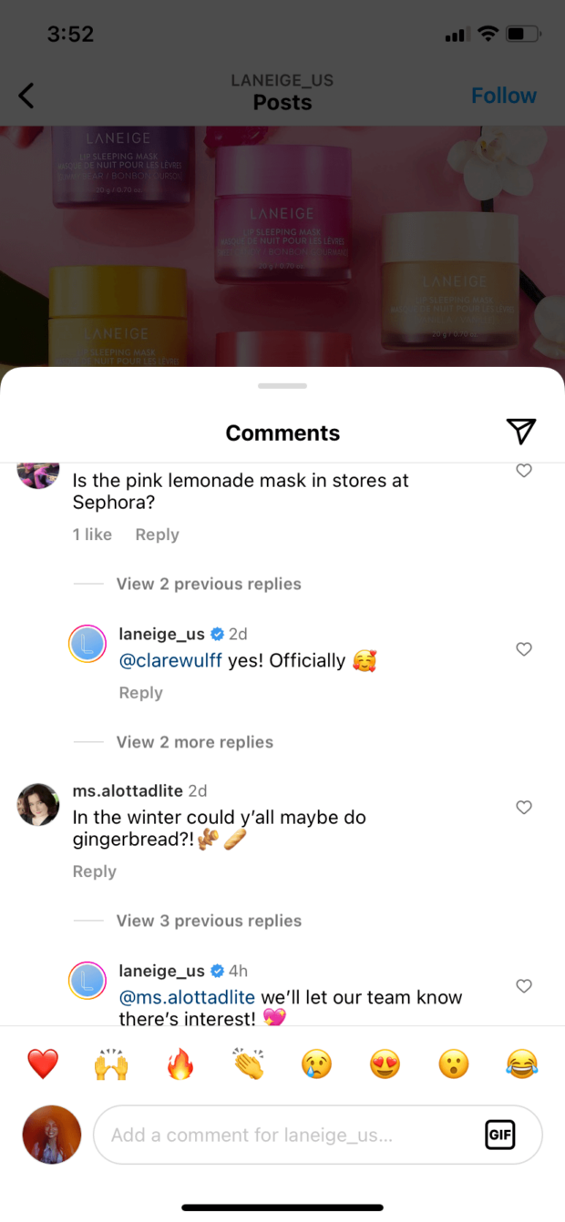 Laneige comments and engagement with followers