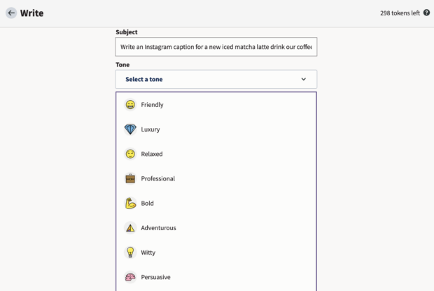 tone options for instagram post shown in OwlyWriter AI