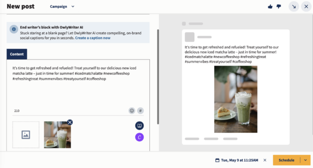post drafted in Hootsuite using generated caption from OwlyWriter AI