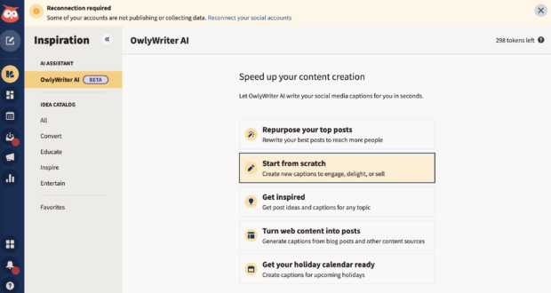 hootsuite OwlyWriter AI tool home screen