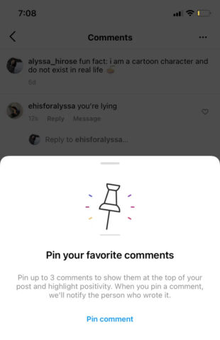 story features pinned comments