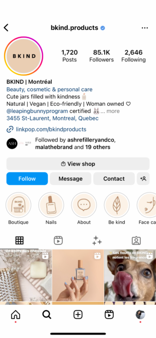 Instagram story highlights Bkind products profile