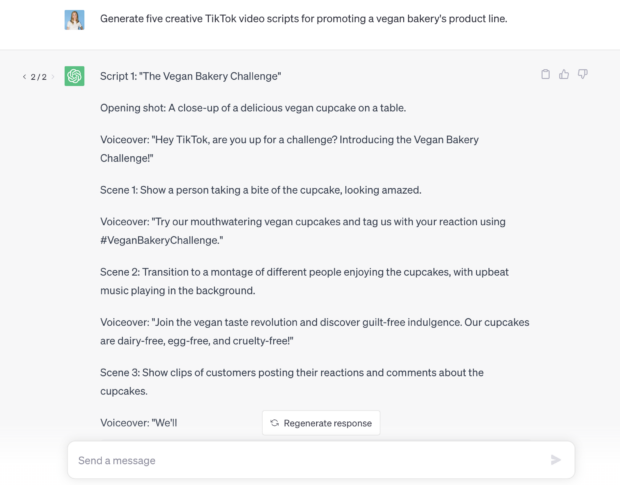 chatgpt prompt asking for tiktok scripts for a vegan bakery