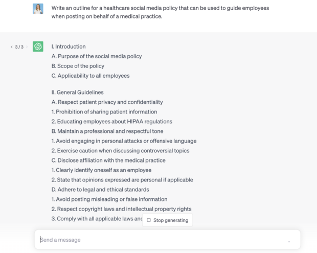 chatgpt response giving an outline for a healthcare social media policy