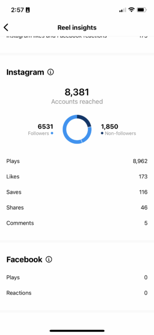Instagram's native analytics for one of our control Reels, showing where video views came from