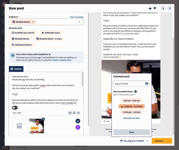 Scheduling a LinkedIn post in Hootsuite Composer