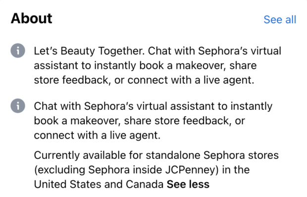 Sephora Facebook About page chat with virtual assistant