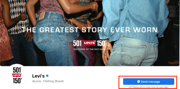 Levi's clothing brand Facebook page send message button