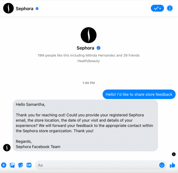Sephora Messenger bot response