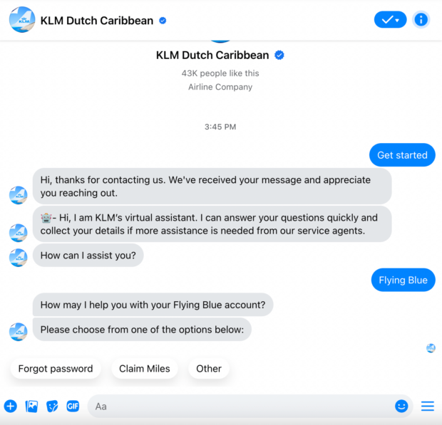 KLM Dutch Caribbean Messenger reply
