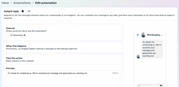 edit automation including instant reply and message description