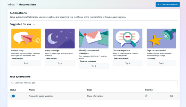 Facebook automations button suggested content
