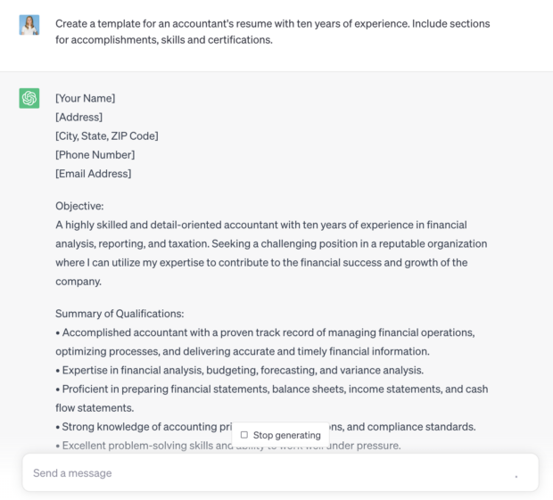 chatgpt response creating a resume for an accountant with ten years of experience