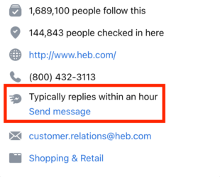 Quick response time on Facebook page description typically replies within an hour