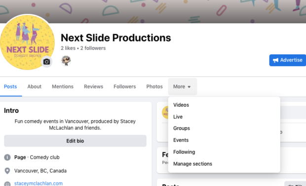 next slide productions Facebook page manage settings in drop-down menu