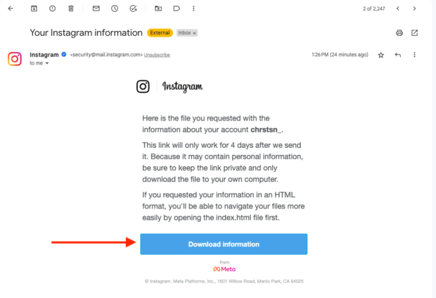 email from Instagram download information