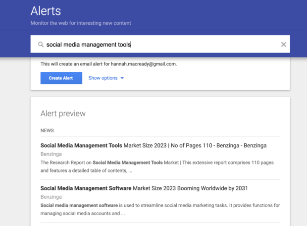 google alerts homepage showing search for "social media management tools"