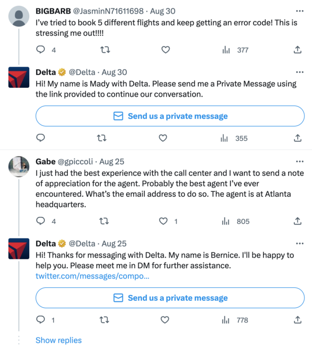 delta airways twitter conversation with positive and negative customer feedback about flights