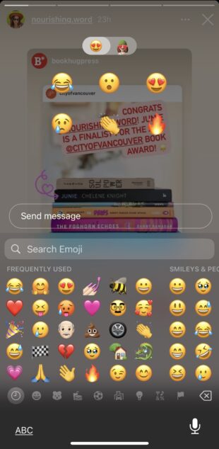 various instagram emojis including laughing face and heart, shown in phone keyboard