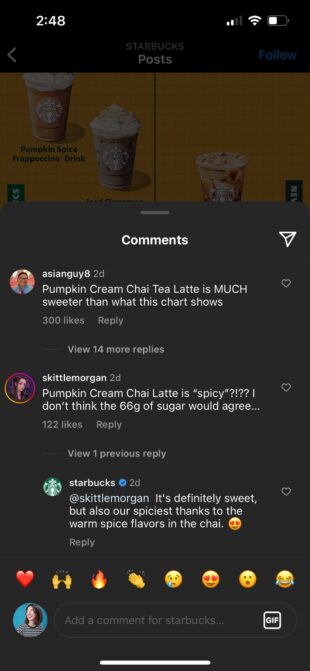 Starbucks Instagram comment reply pumpkin cream chai tea latte sweet vs spicy