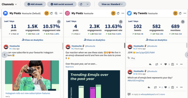 hootsuite streams dashbboard showing insights on instagram, facebook, and twitter