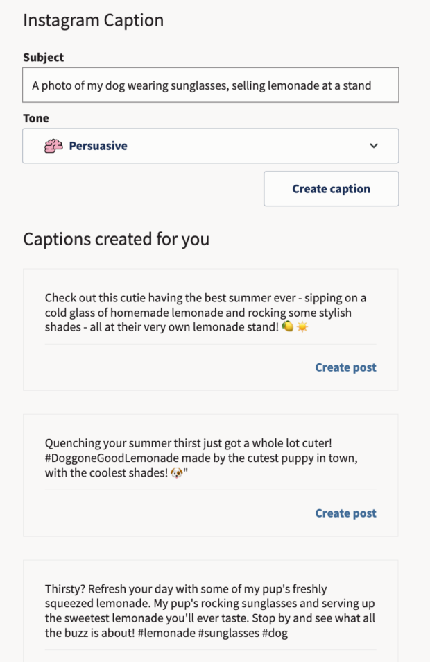 OwlyWriter AI (an AI marketing tool) generating Instagram captions