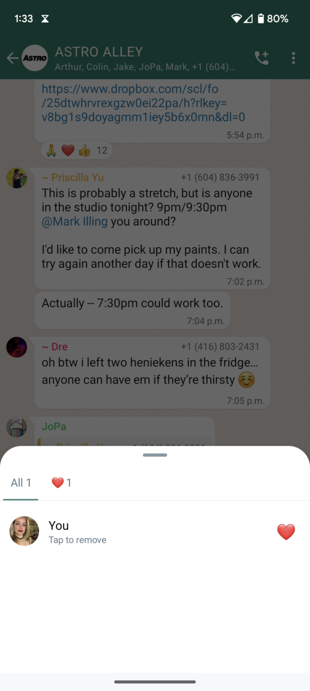 message reaction screen and option to remove emoji