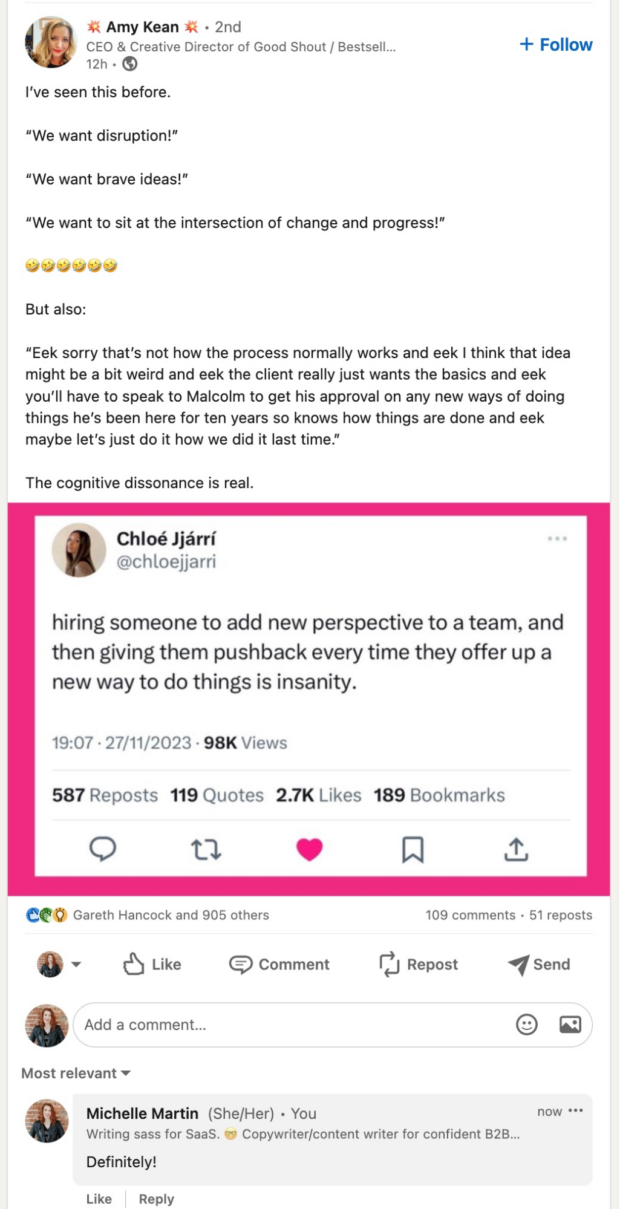 comment example on LinkedIn post about adding new perspective to a team