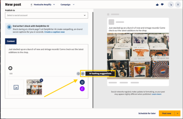 Hootsuite Composer AI hashtag suggestions
