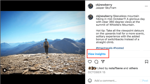 view insights on Instagram post of Jasper mountains