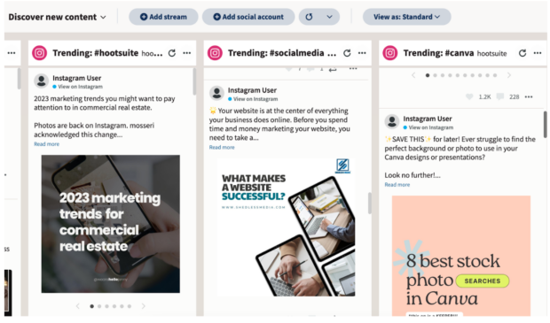Hootsuite Streams monitor keywords and trending hashtags on instagram