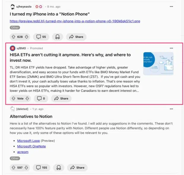 BMO sponsored ad about EFTs Reddit