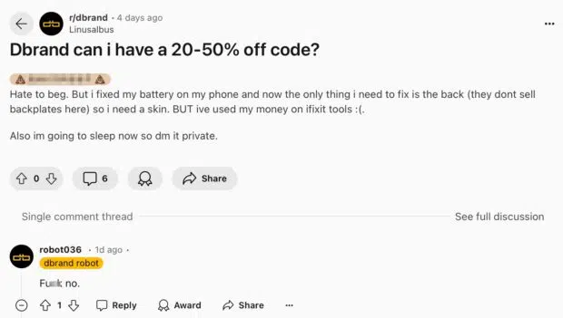 request for 20 to 50 percent off code in Dbrand community with roast reply