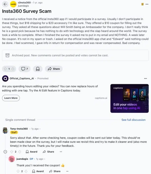 Insta360 survey scam report with coupon code reply