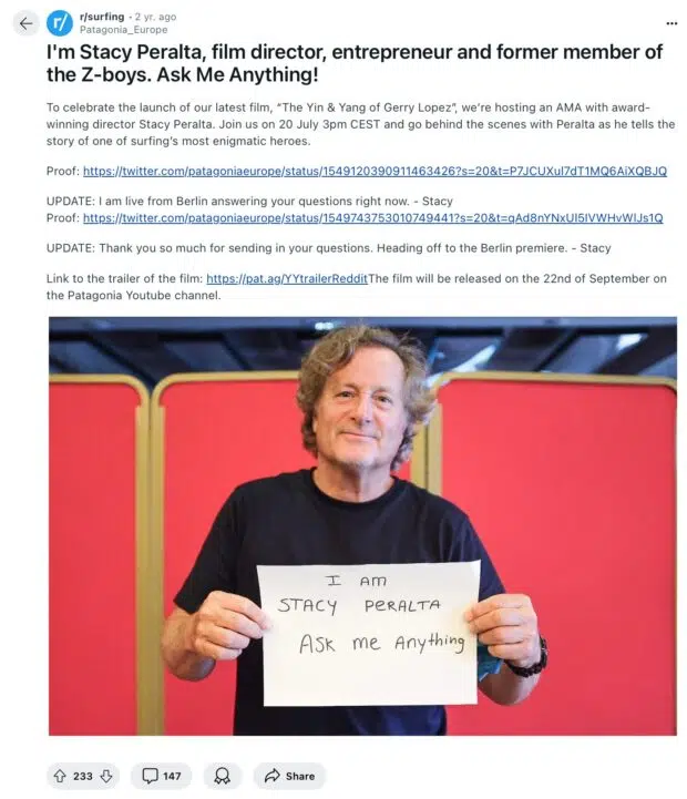 Patagonia Stacy Peralta cross promotional event film director and entrepreneur