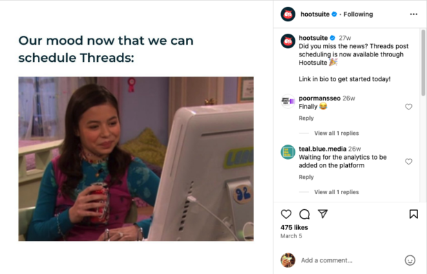 An Instagram post from Hootsuite illustrating the brand's social strategy on the platform