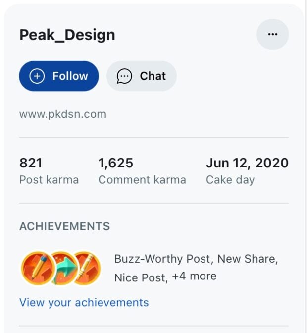 Peak Design Reddit account and achievements