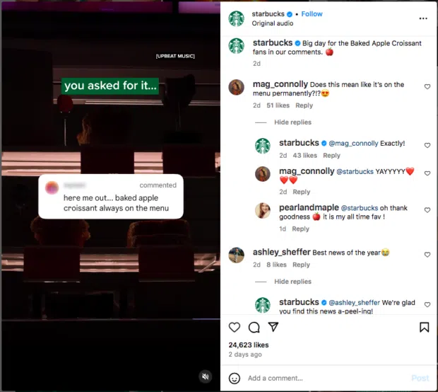 Starbucks baked apple croissant on menu Instagram announcement on official page