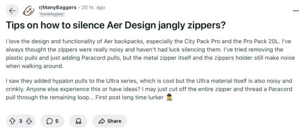 Aer backpacks zipper discussion in Many Baggers subreddit