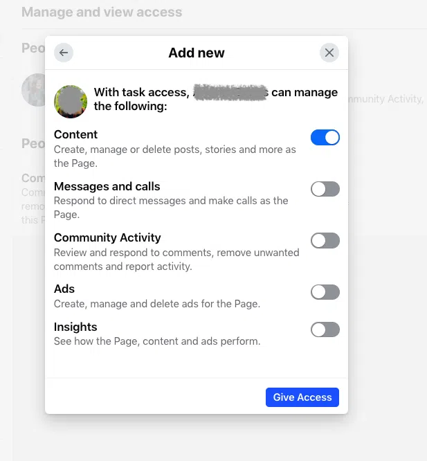 Add new with task access admin manage Content Community Activity Ads and Insights