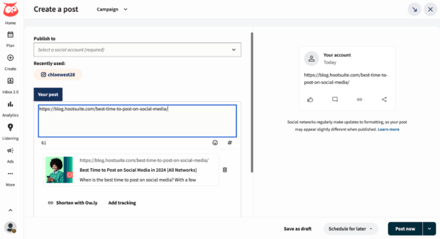 Create a post on Hootsuite and add UTM parameters