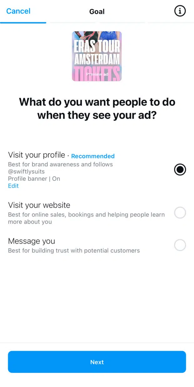 What do you want people to do when they see your ad options visit your profile visit your website or message you